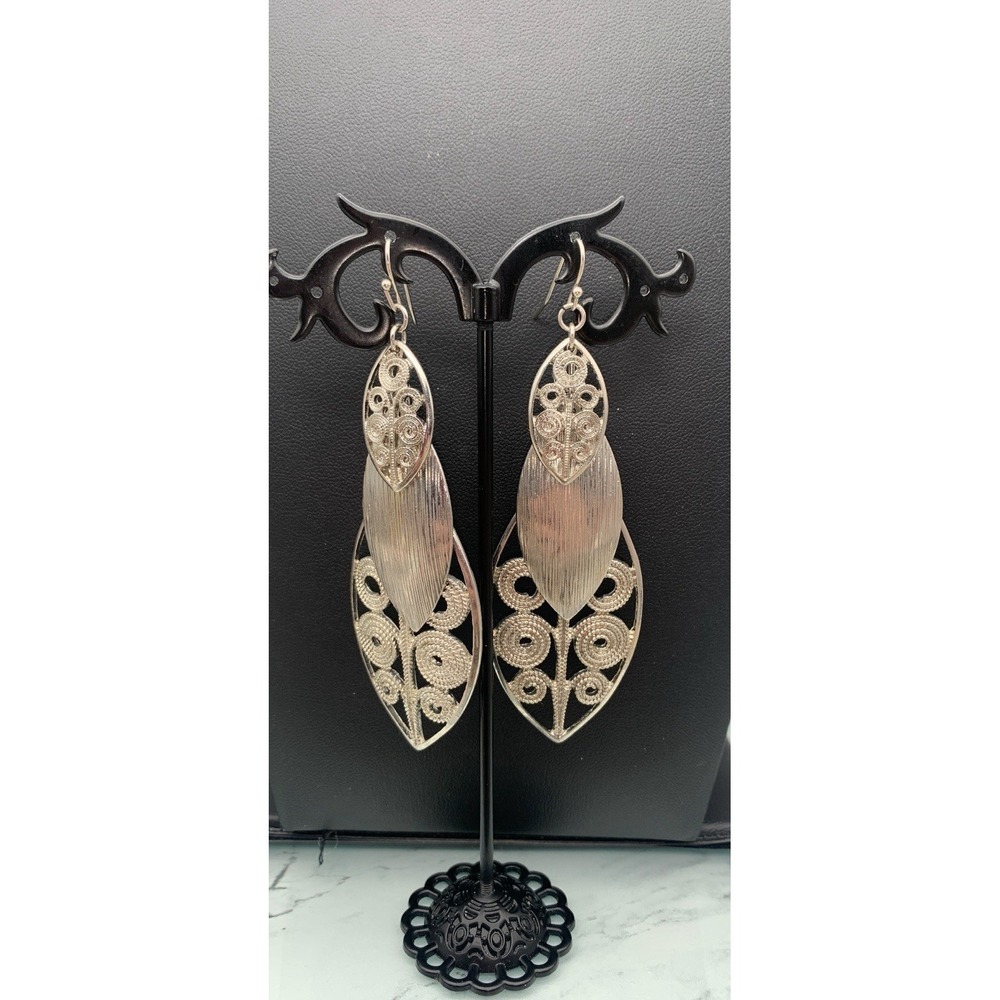 Silver Tone Textured Swirl Dangle 3 Layer Earrings